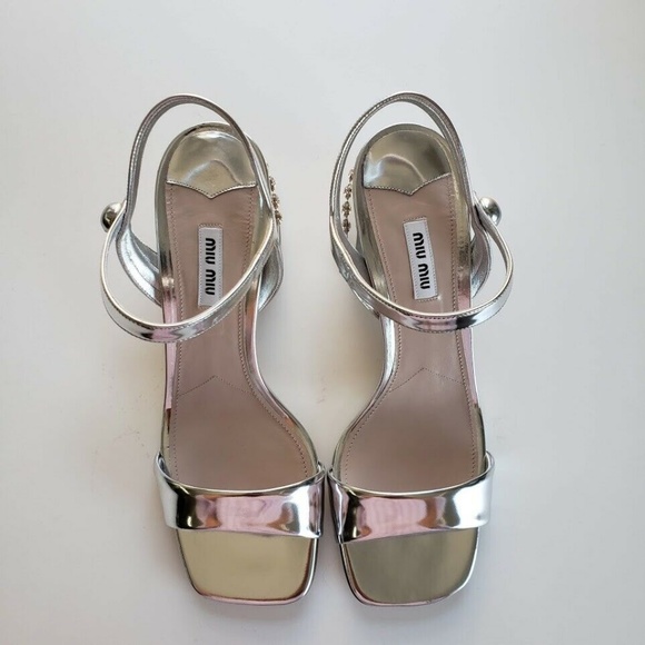 Miu Miu Embellished Sandals Heel Shoes - Silver - Picture 3 of 8